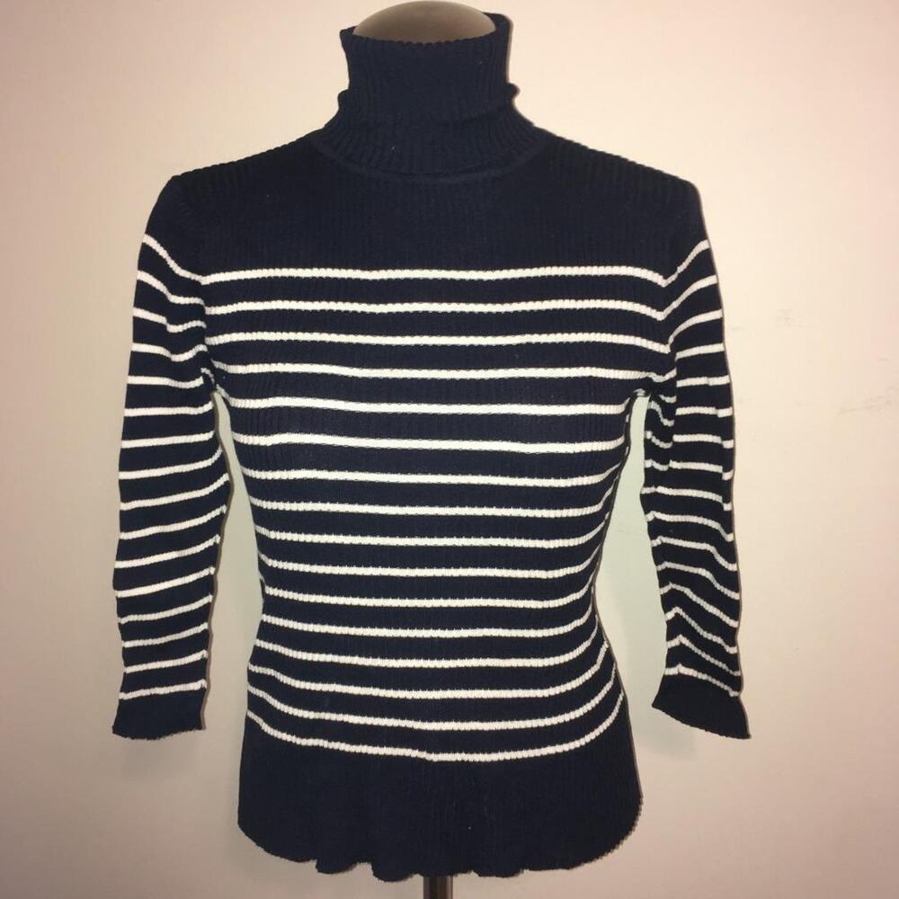 Lauren Ralph Blue-White Striped Turtleneck Sweater S